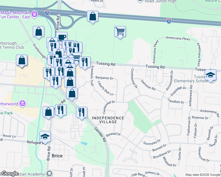 map of restaurants, bars, coffee shops, grocery stores, and more near 2879 Liberty Bell Lane in Reynoldsburg