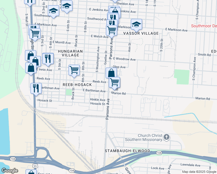 map of restaurants, bars, coffee shops, grocery stores, and more near 1919 Parsons Avenue in Columbus