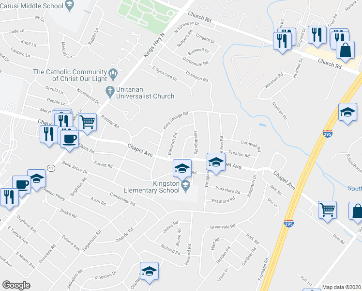 map of restaurants, bars, coffee shops, grocery stores, and more near 510 Salsbury Road in Cherry Hill
