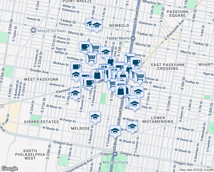 map of restaurants, bars, coffee shops, grocery stores, and more near 2115 S Mole St in Philadelphia