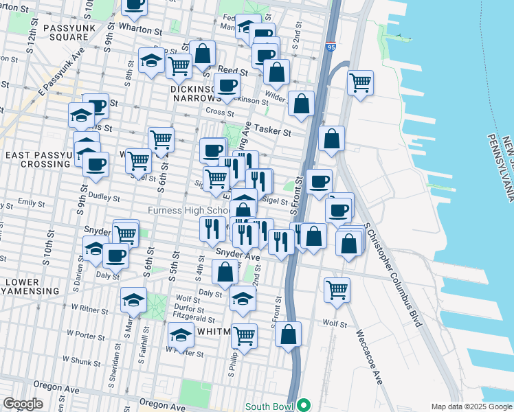 map of restaurants, bars, coffee shops, grocery stores, and more near S 2nd St & S 3rd St in Philadelphia