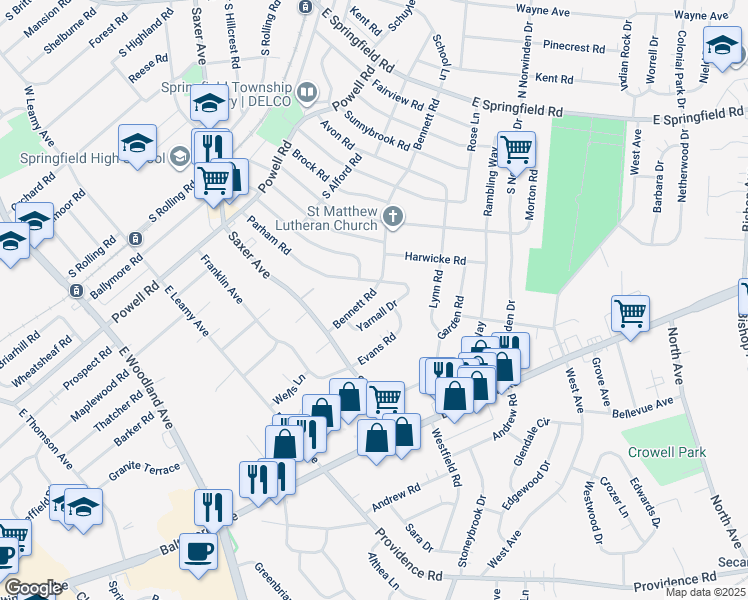 map of restaurants, bars, coffee shops, grocery stores, and more near 341 Bennett Road in Springfield