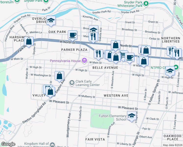 map of restaurants, bars, coffee shops, grocery stores, and more near 1229 West High Street in Springfield