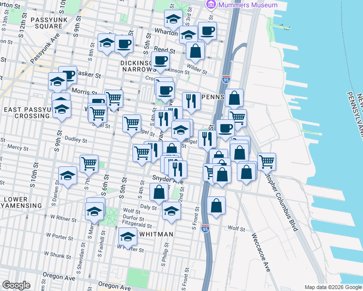 map of restaurants, bars, coffee shops, grocery stores, and more near Mifflin St & S 3rd St in Philadelphia