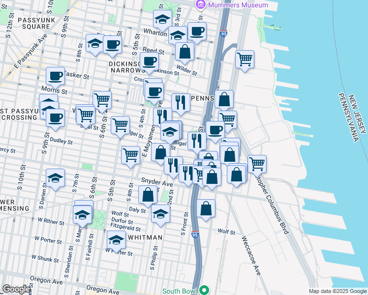 map of restaurants, bars, coffee shops, grocery stores, and more near 139 Mifflin Street in Philadelphia