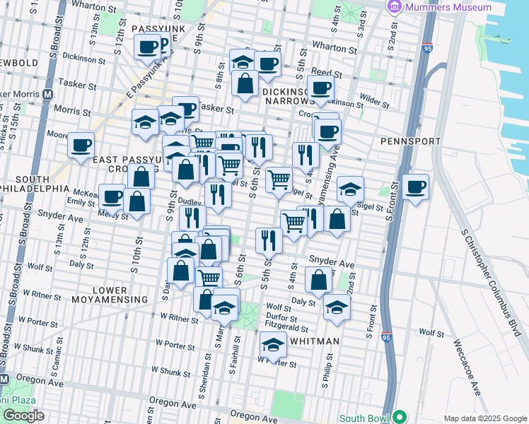 map of restaurants, bars, coffee shops, grocery stores, and more near 515 Dudley Street in Philadelphia