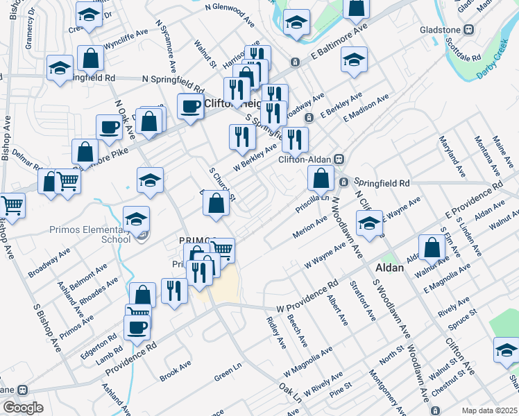 map of restaurants, bars, coffee shops, grocery stores, and more near 142 Willowbrook Road in Clifton Heights