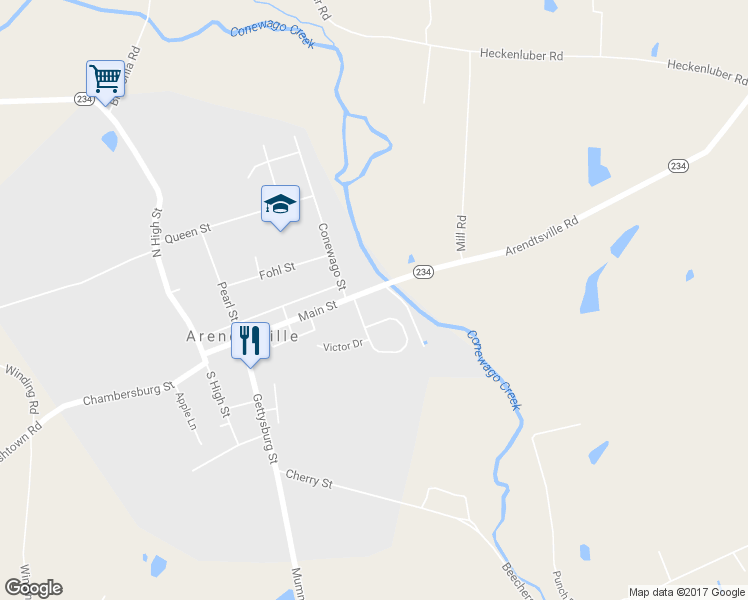 map of restaurants, bars, coffee shops, grocery stores, and more near 227 Main Street in Biglerville
