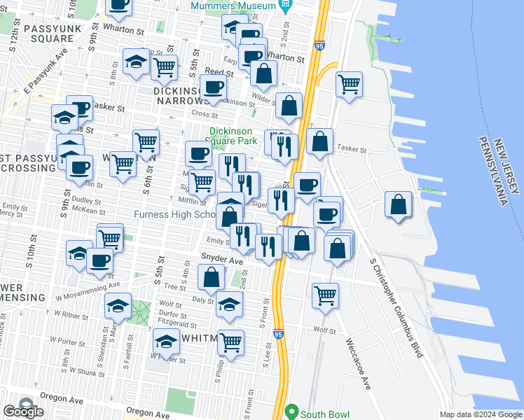 map of restaurants, bars, coffee shops, grocery stores, and more near 139 Mifflin Street in Philadelphia