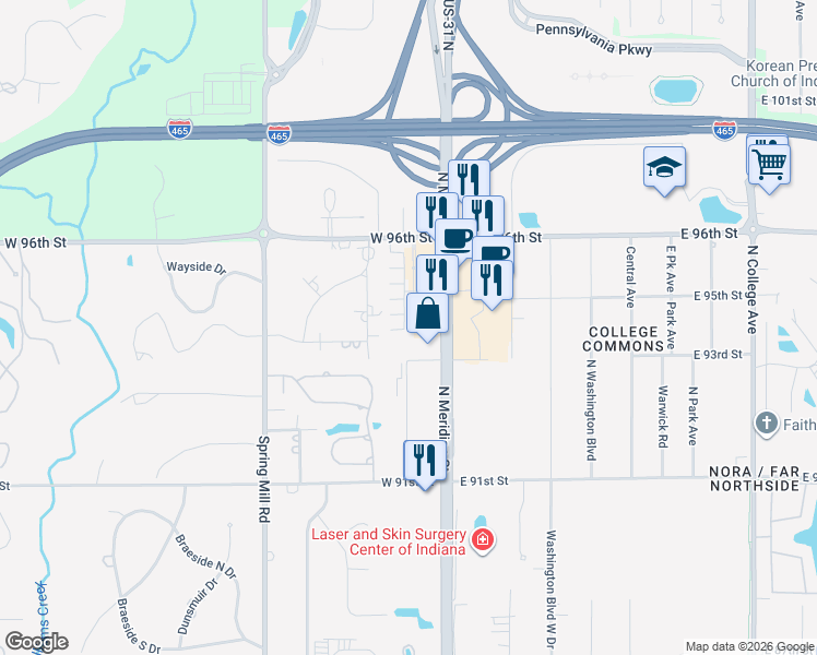 map of restaurants, bars, coffee shops, grocery stores, and more near 9412 Oakley Drive in Indianapolis