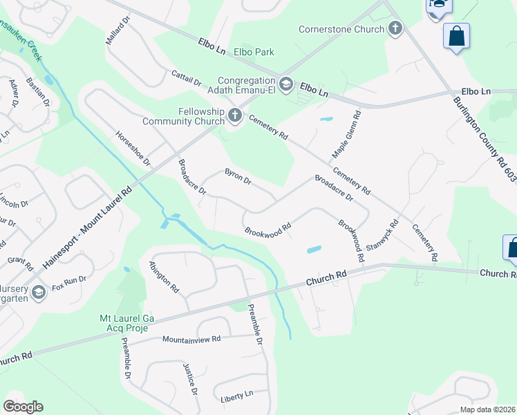 map of restaurants, bars, coffee shops, grocery stores, and more near 30 Broadacre Drive in Mount Laurel Township