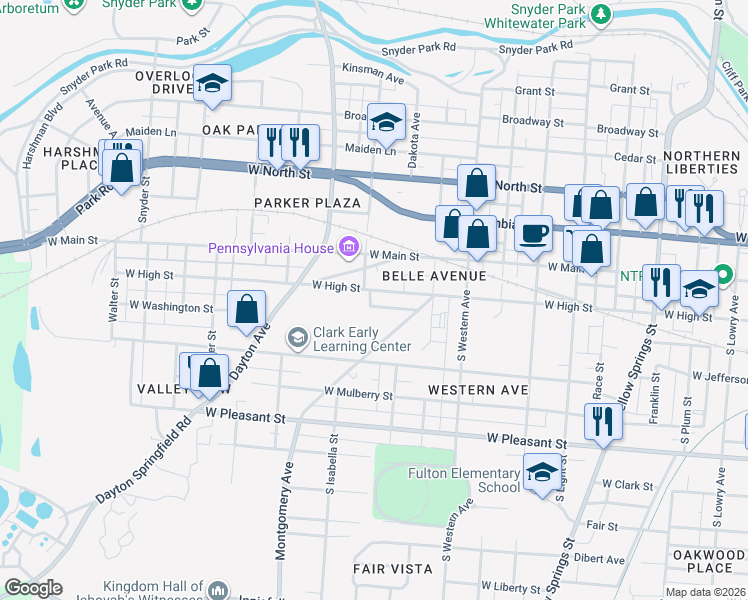 map of restaurants, bars, coffee shops, grocery stores, and more near 1229 West High Street in Springfield