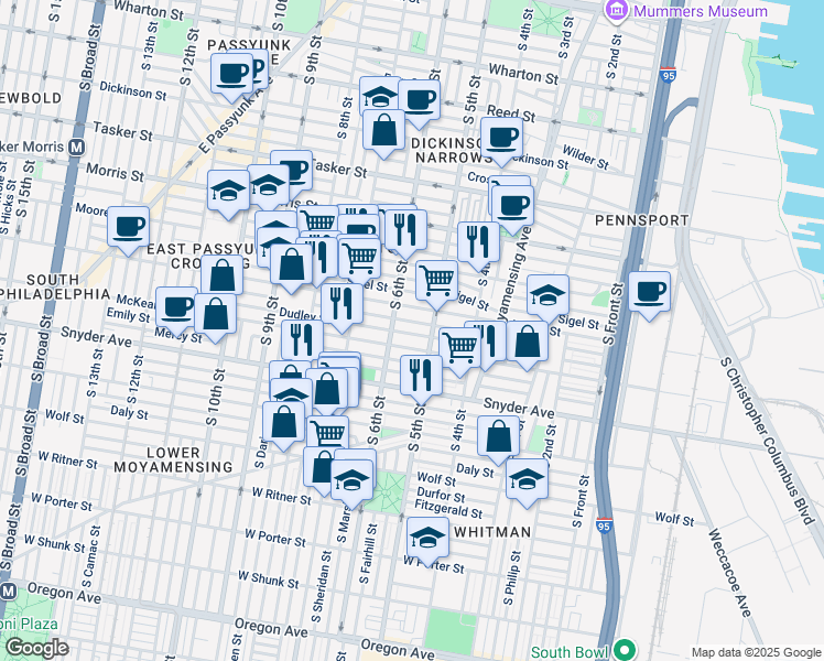 map of restaurants, bars, coffee shops, grocery stores, and more near 519 Dudley Street in Philadelphia