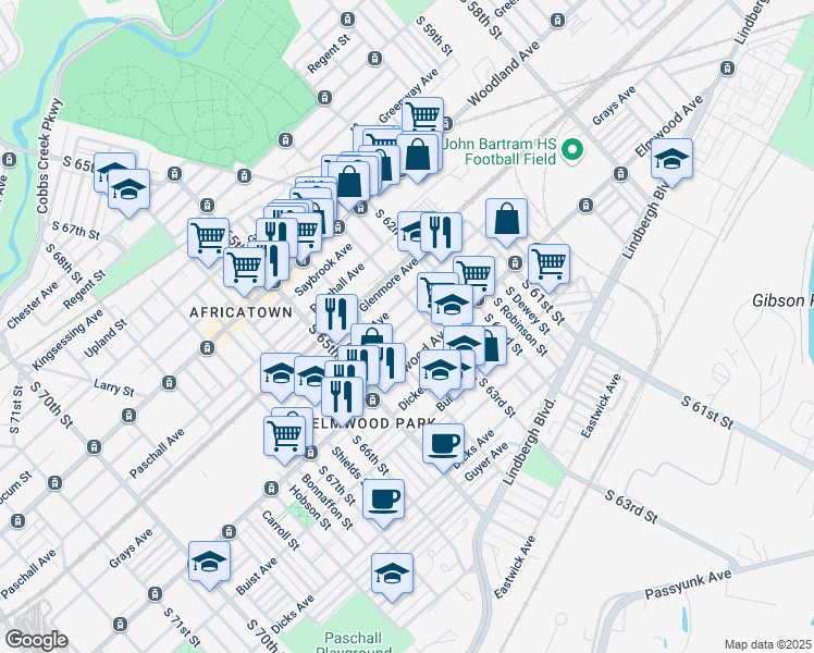 map of restaurants, bars, coffee shops, grocery stores, and more near 6322 Wheeler Street in Philadelphia
