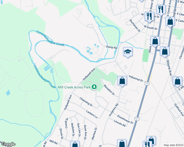 map of restaurants, bars, coffee shops, grocery stores, and more near Benedict Drive in Chambersburg