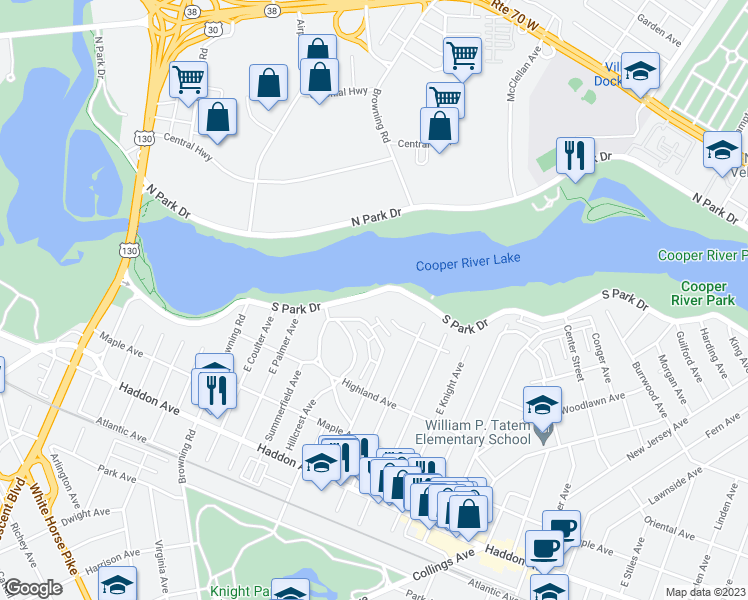 map of restaurants, bars, coffee shops, grocery stores, and more near 415 South Park Drive in Collingswood