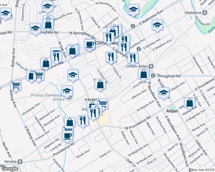 map of restaurants, bars, coffee shops, grocery stores, and more near in Clifton Heights