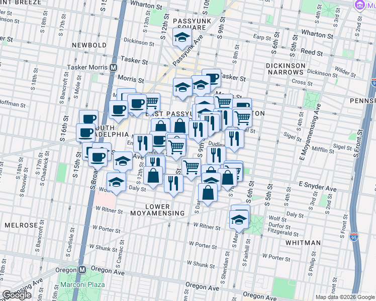 map of restaurants, bars, coffee shops, grocery stores, and more near in Philadelphia