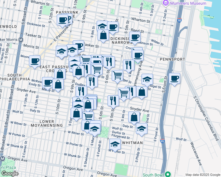 map of restaurants, bars, coffee shops, grocery stores, and more near 519 Dudley Street in Philadelphia