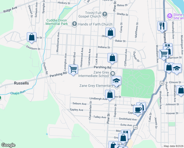 map of restaurants, bars, coffee shops, grocery stores, and more near 1007 South Luck Avenue in Zanesville