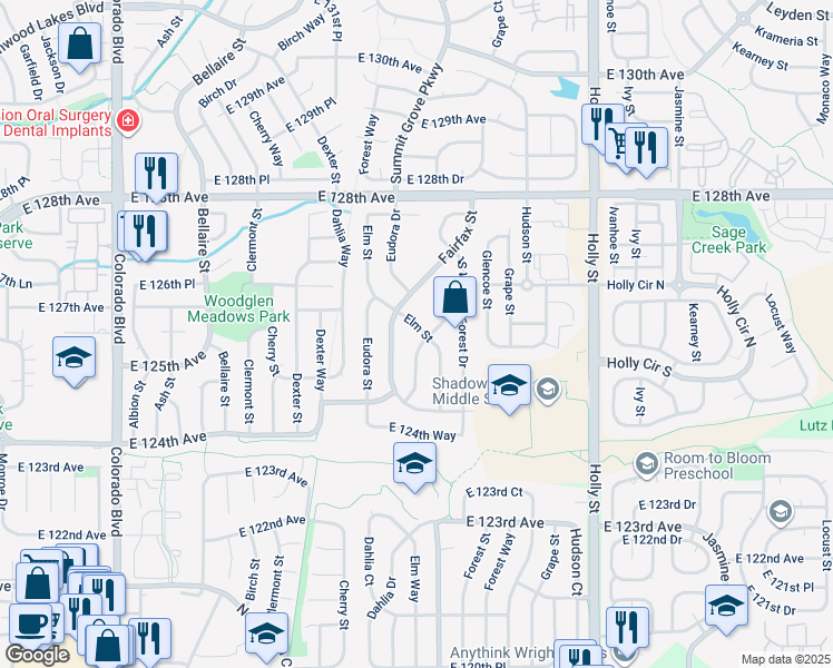 map of restaurants, bars, coffee shops, grocery stores, and more near 12627 Elm Street in Thornton