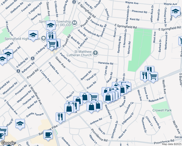map of restaurants, bars, coffee shops, grocery stores, and more near 341 Bennett Road in Springfield