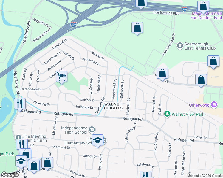 map of restaurants, bars, coffee shops, grocery stores, and more near 2667 Brownfield Road in Columbus