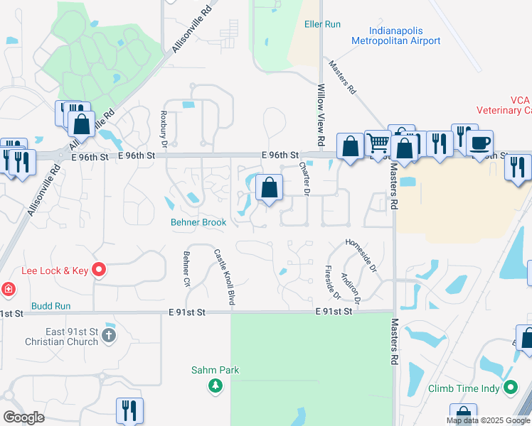 map of restaurants, bars, coffee shops, grocery stores, and more near 14041 Wimbledon Court in Indianapolis