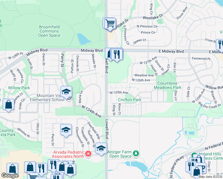 map of restaurants, bars, coffee shops, grocery stores, and more near 3551 West 125th Circle in Broomfield