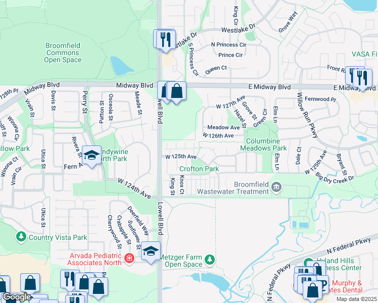 map of restaurants, bars, coffee shops, grocery stores, and more near 12508 James Point in Broomfield