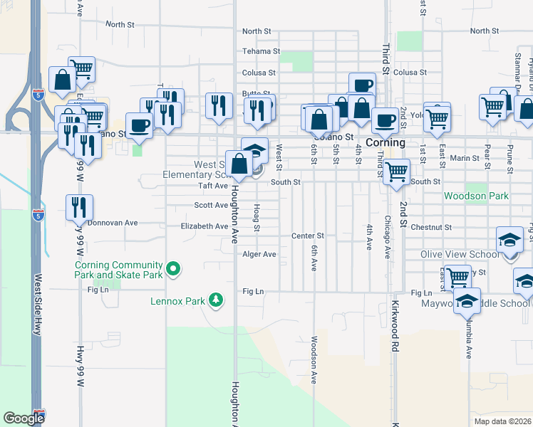 map of restaurants, bars, coffee shops, grocery stores, and more near 1550 Kaufman Avenue in Corning