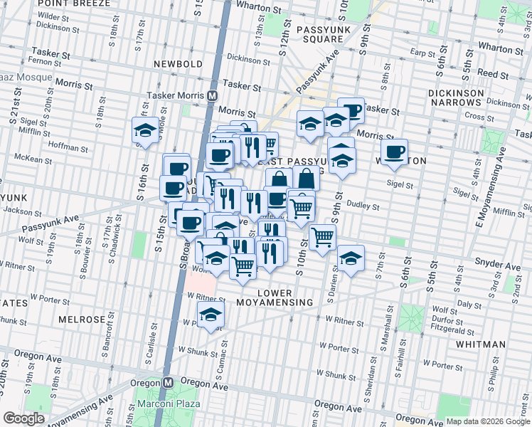 map of restaurants, bars, coffee shops, grocery stores, and more near in Philadelphia