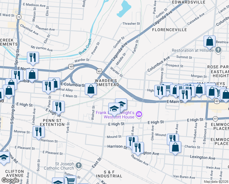 map of restaurants, bars, coffee shops, grocery stores, and more near 5 North Freeman Street in Springfield