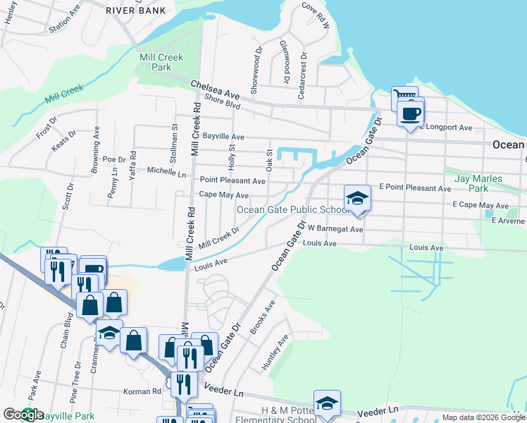 map of restaurants, bars, coffee shops, grocery stores, and more near 236 Mill Creek Drive in Ocean County