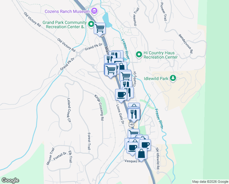 map of restaurants, bars, coffee shops, grocery stores, and more near 78490 U.S. 40 in Winter Park