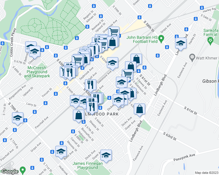 map of restaurants, bars, coffee shops, grocery stores, and more near 6322 Wheeler Street in Philadelphia