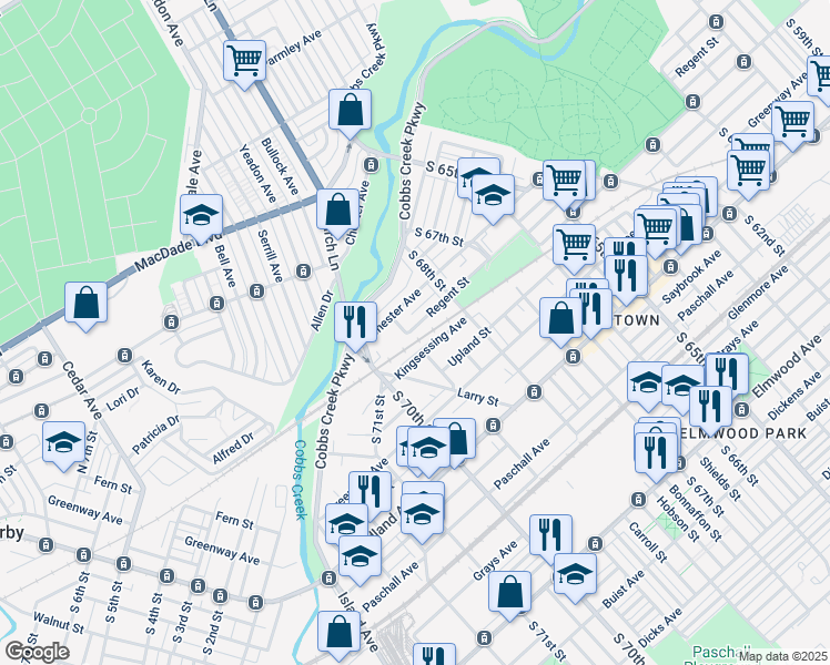 map of restaurants, bars, coffee shops, grocery stores, and more near 6866 Regent Street in Philadelphia