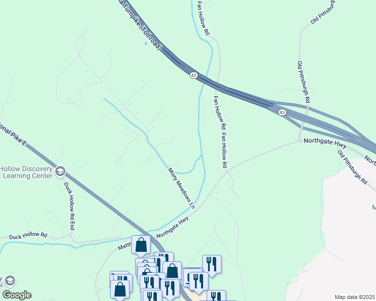 map of restaurants, bars, coffee shops, grocery stores, and more near 48 Misty Meadows Ln in Uniontown