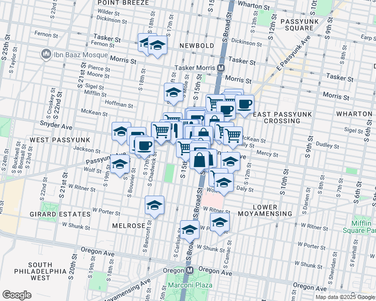 map of restaurants, bars, coffee shops, grocery stores, and more near 2121 South Carlisle Street in Philadelphia