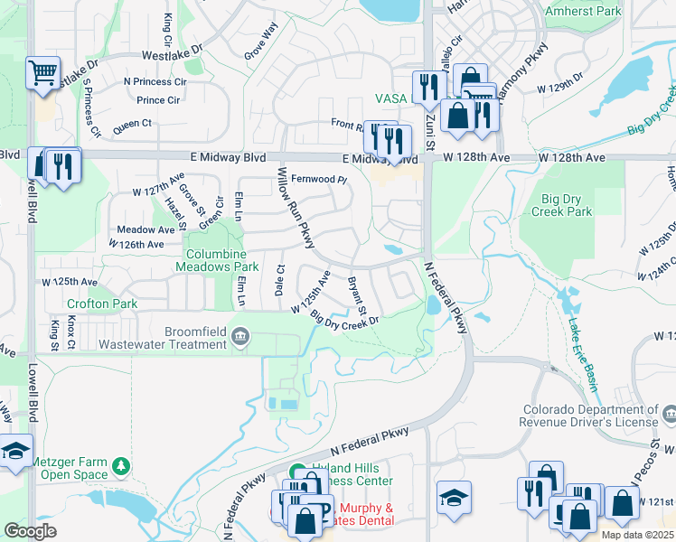 map of restaurants, bars, coffee shops, grocery stores, and more near 12549 Bryant Street in Broomfield