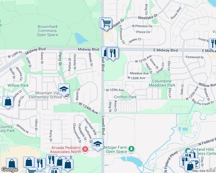 map of restaurants, bars, coffee shops, grocery stores, and more near 3551 West 125th Circle in Broomfield