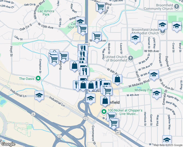 map of restaurants, bars, coffee shops, grocery stores, and more near 68 Garden Center in Broomfield