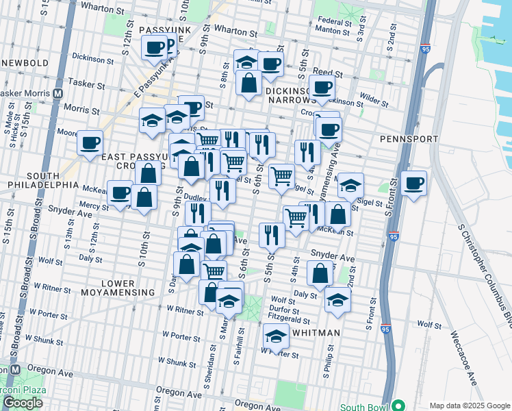 map of restaurants, bars, coffee shops, grocery stores, and more near 539 McKean Street in Philadelphia