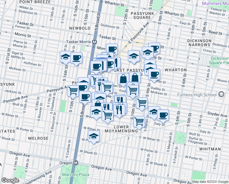 map of restaurants, bars, coffee shops, grocery stores, and more near 1119 Snyder Avenue in Philadelphia