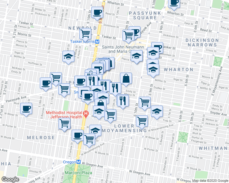 map of restaurants, bars, coffee shops, grocery stores, and more near 1215 Snyder Avenue in Philadelphia