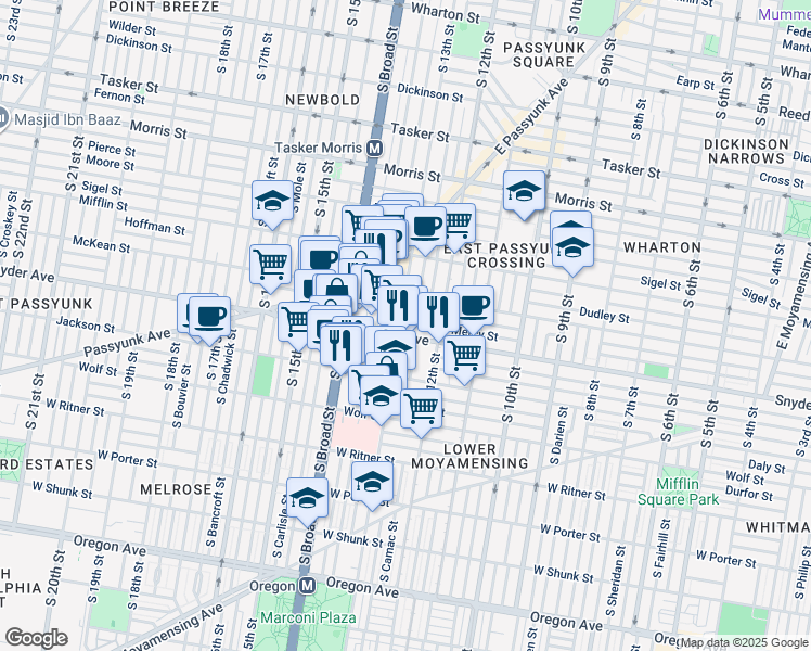 map of restaurants, bars, coffee shops, grocery stores, and more near 1311 East Snyder Avenue in Philadelphia