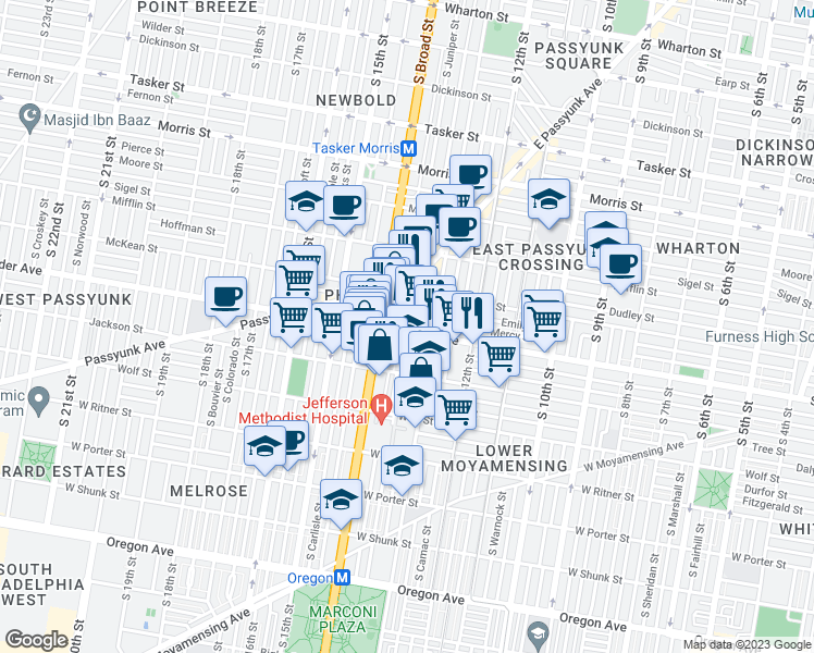 map of restaurants, bars, coffee shops, grocery stores, and more near 1311 East Snyder Avenue in Philadelphia