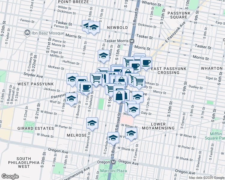 map of restaurants, bars, coffee shops, grocery stores, and more near in Philadelphia