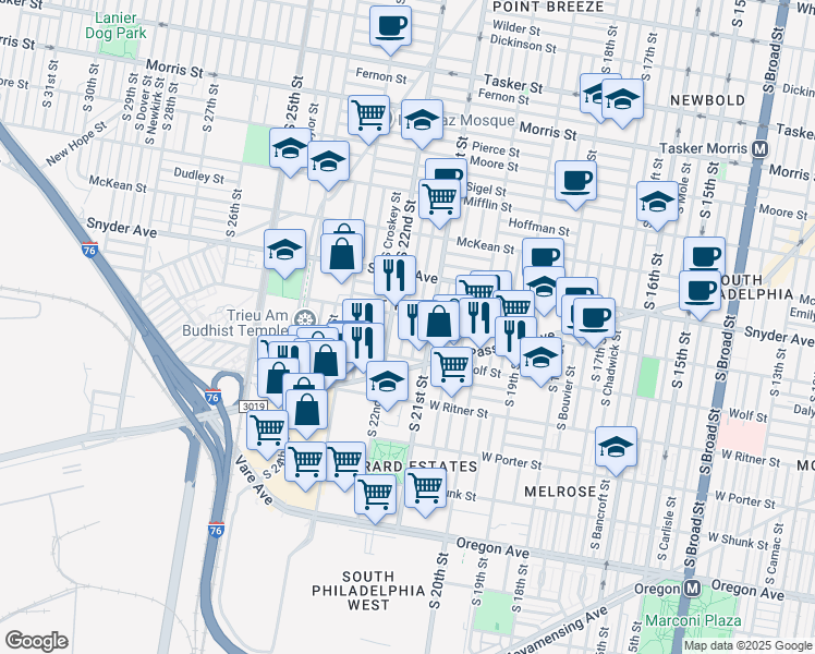 map of restaurants, bars, coffee shops, grocery stores, and more near 2233 South 22nd Street in Philadelphia