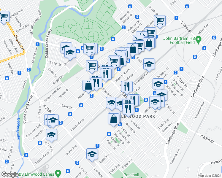 map of restaurants, bars, coffee shops, grocery stores, and more near 6529 Paschall Avenue in Philadelphia